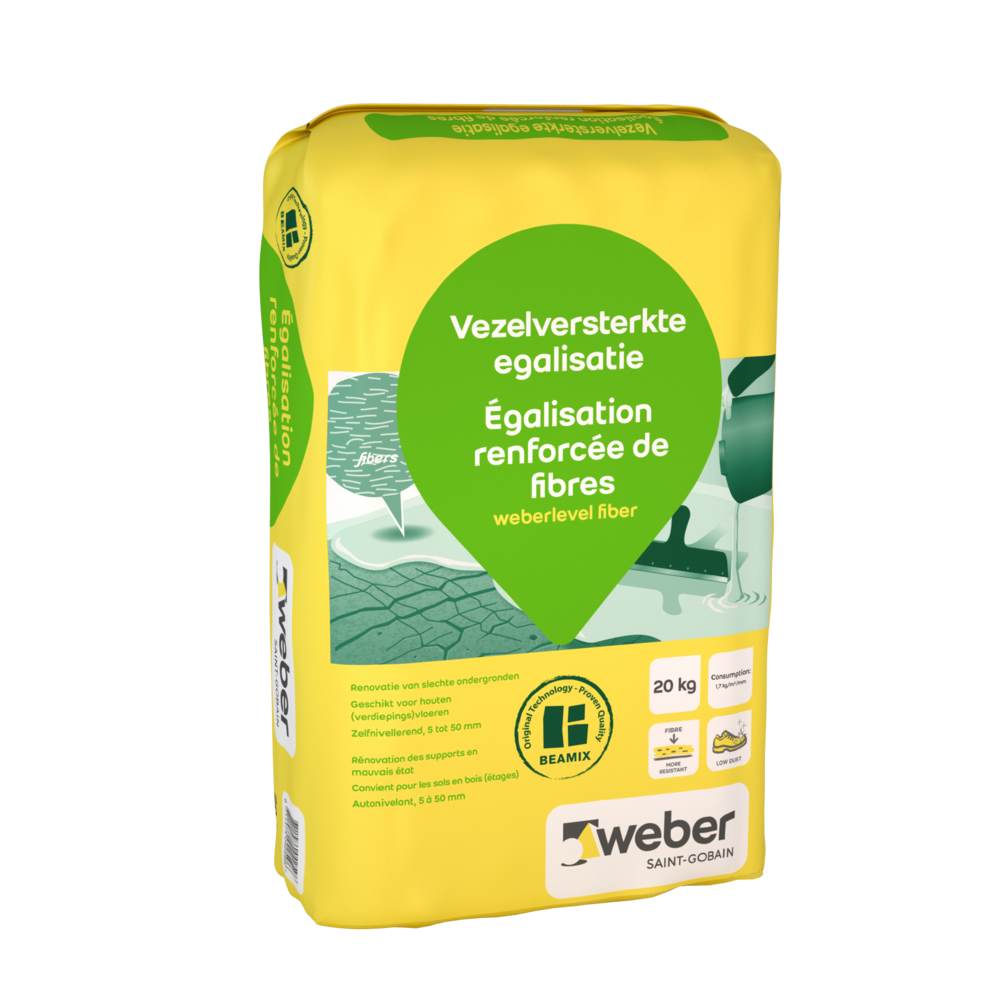 PACKSHOT_VEZELVERSTERKTE EGALISATIE_20KG vezelversterkte egalisatie weberlevel fiber